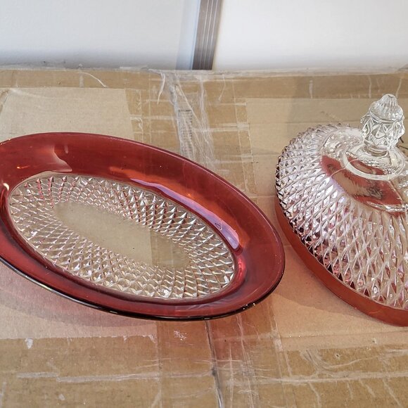 Vintage Indiana Glass Ruby Red Flash Diamond Point Oval Covered Butter Dish BINI - Picture 3 of 7